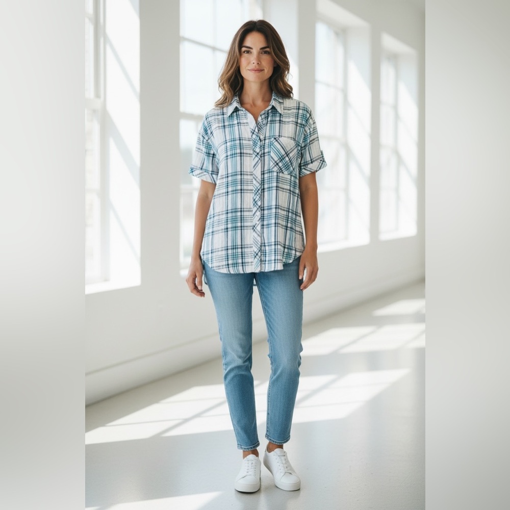 Finley Charlie Plaid Button Down Shirt L NWOT Blue White Cotton